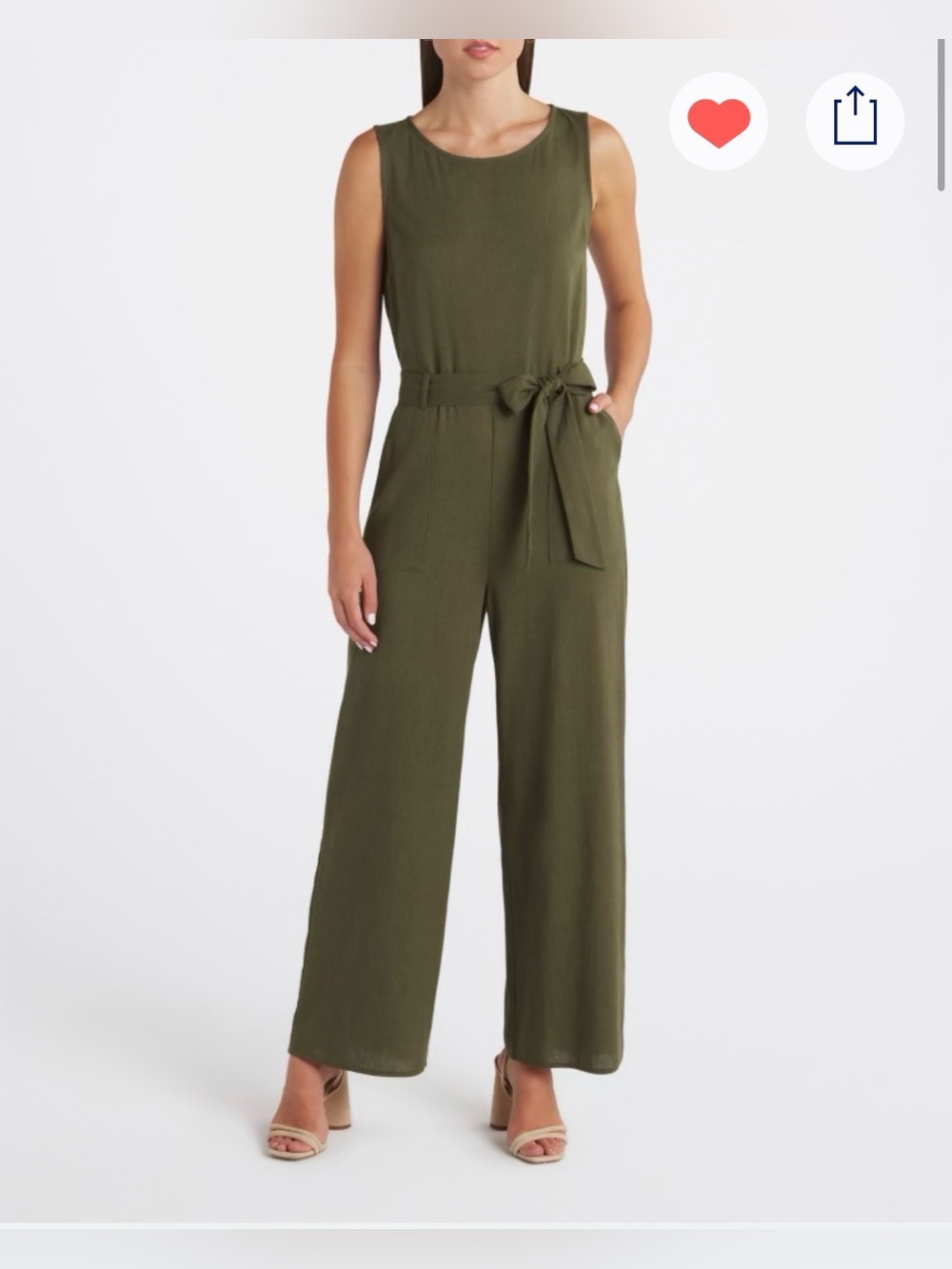 Sleeveless Olive Wide-Leg Linen-blend Jumpsuit with Tie Waist